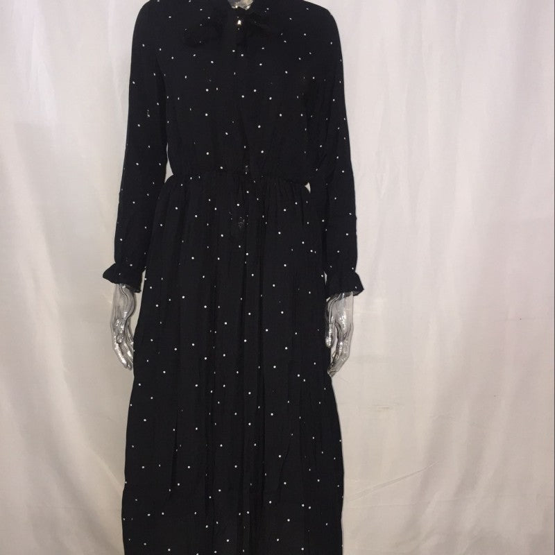 Vestido maxi plisado bohemio de manga larga con estampado de lunares elegante e informal para mujer