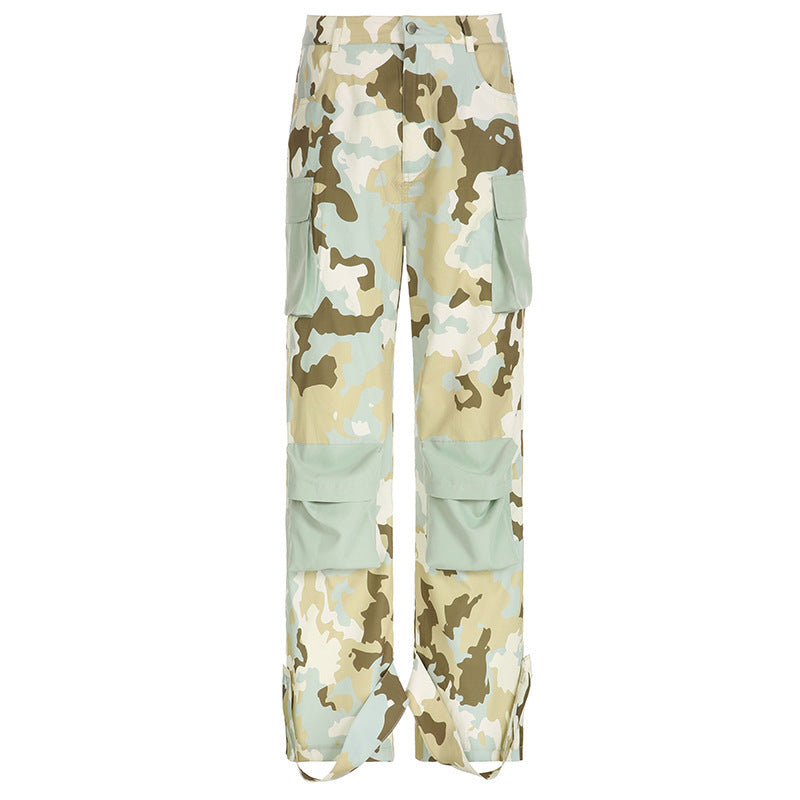 Women Casual Street Camouflage Printed Pocket Stitching Color Contrast Straight Foot Cargo Pants