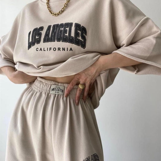 Fashion Athleisure Women Casual City Name Letter Printed Short-Sleeved Sweatshirt Pants Set