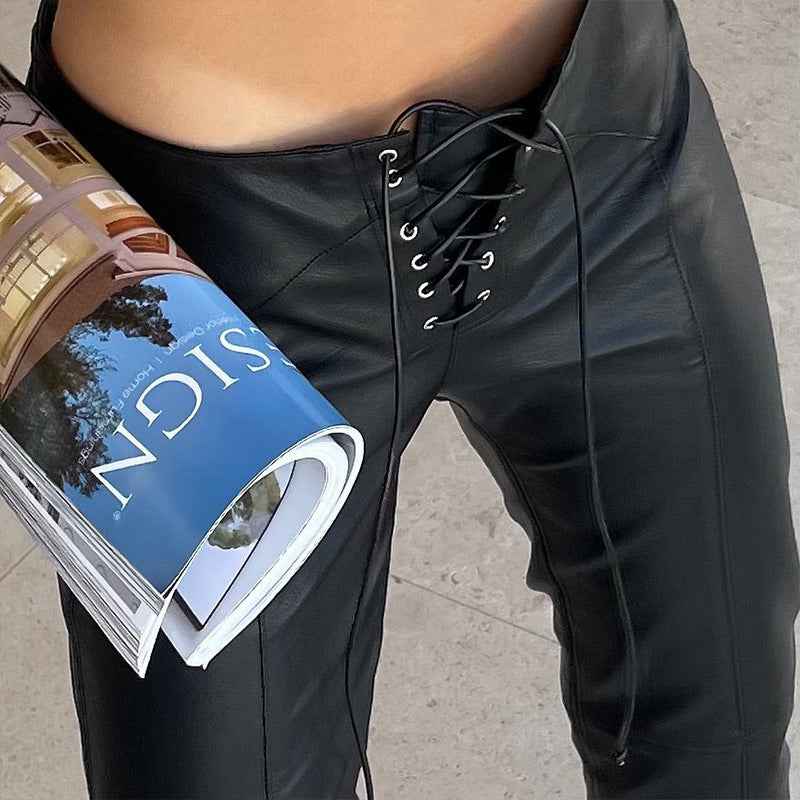 Women Pu Leather Pants Straight Loose Casual Low Waist Leather Pants