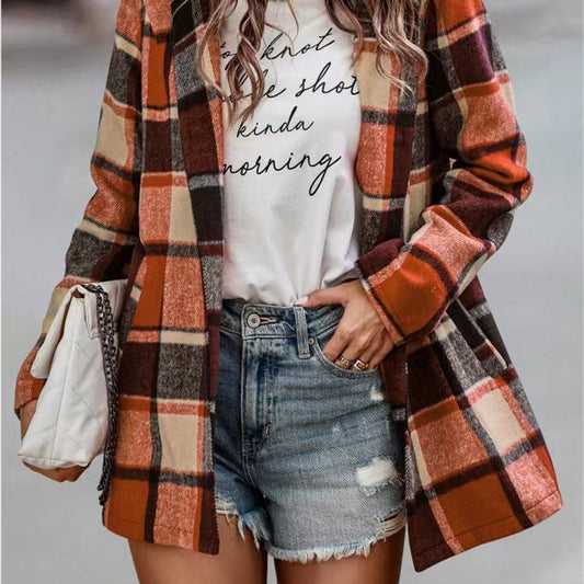 Chaqueta de punto de manga larga con bolsillo y estampado a cuadros holgado e informal de invierno para mujer