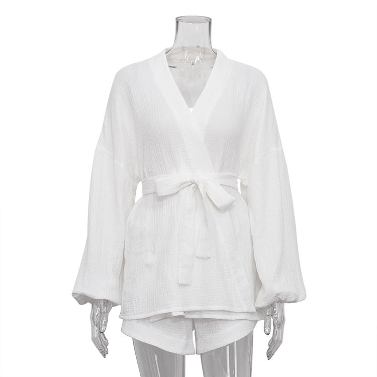 Conjunto de dos piezas para mujer: top blanco con cordones y pantalones cortos casuales de cintura alta