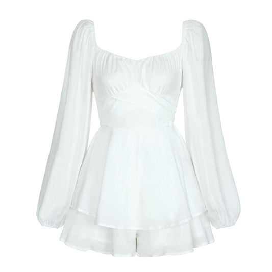 Women'S Casual Solid Color Square Collar Lantern Long Sleeve Ruffled Rompers