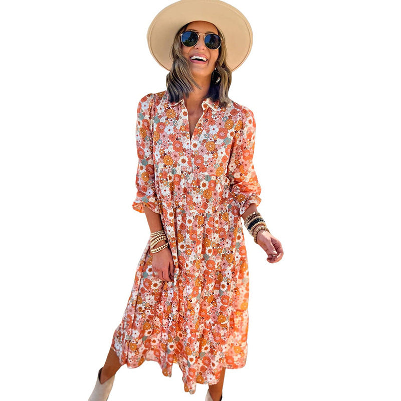 Vestido midi informal de manga larga con estampado floral bohemio para mujer