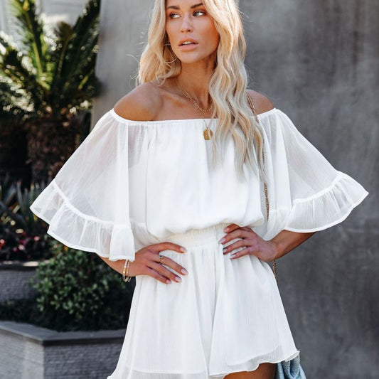 Women Casual Summer Vacation Off Shoulder Floral Printed Ruffles Loose Solid Color Chiffon Rompers