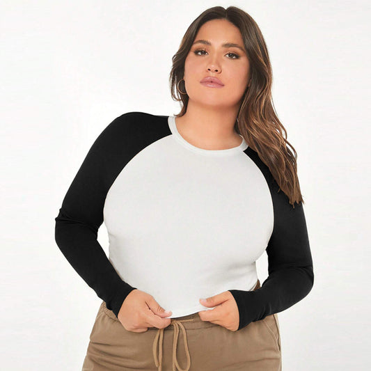 Camiseta informal de manga raglán con bloques de color para mujer, talla grande
