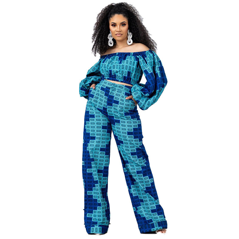 Conjunto informal de dos piezas con top de manga larga y pantalones holgados de cintura alta con cuello barco estampado para mujer de talla grande