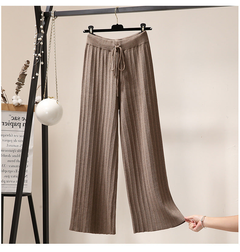 Women Casual Autumn Winter Solid Color Pleated Wide Leg Knitted Pants