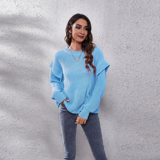 Women Casual Solid Color Round Neck Long-sleeved Loose Knitted Sweater