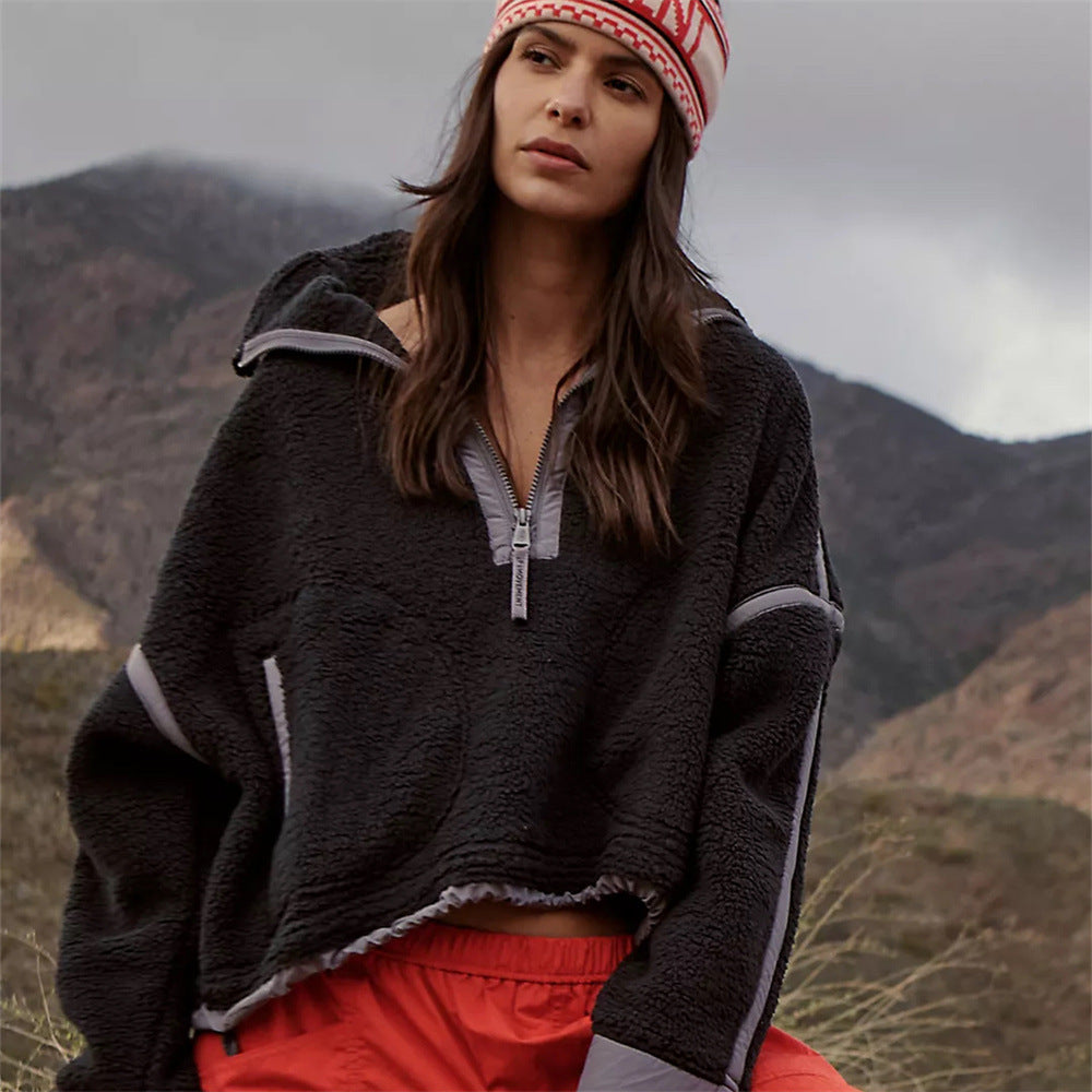 Half Zipper Turtle Neck Women Street Fashion Casual Winter Pullover Solid Color Plush Sweatshirt