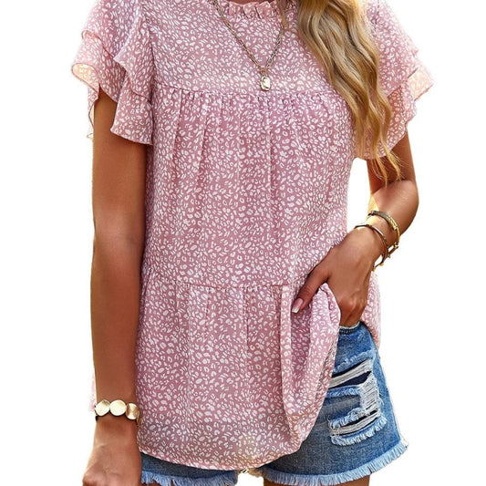 Blusa informal de mujer con estampado floral, volantes, manga corta y cuello redondo