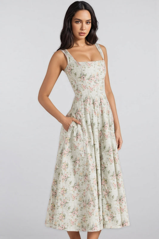 Yaralt Sage Floral Print Cotton Midi Dress