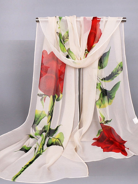 Chiffon Scarf Wedding Black Scarf Floral Pink Fall Spring Print Polyester for Women
