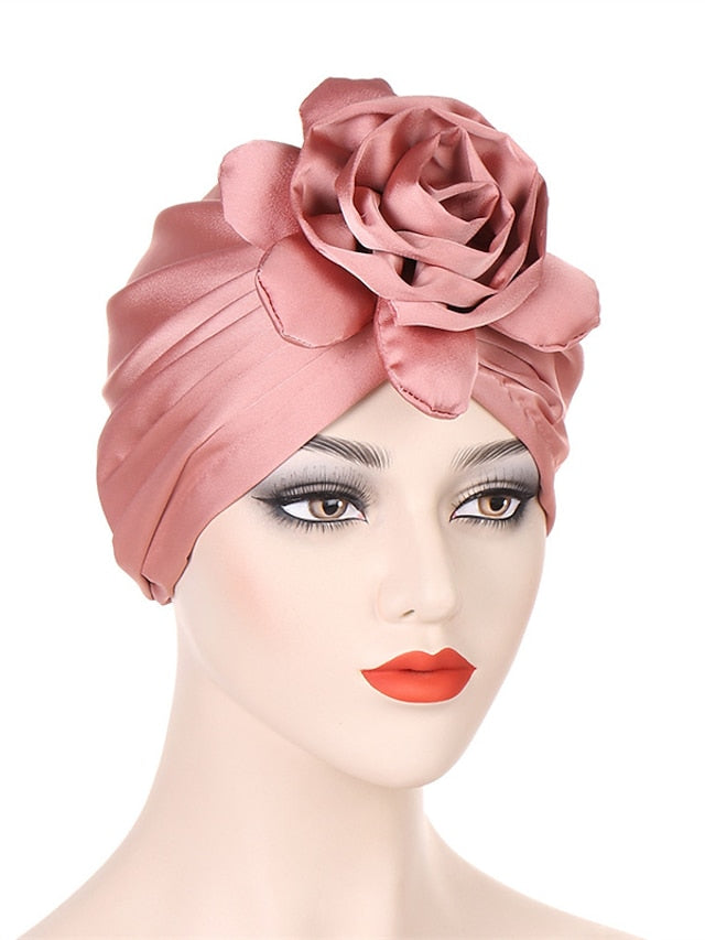 Big Flower Muslim Women Turban Satin Head Wrap Hijab Sleep Night Hat Hair Care Cap Indian Elastic Beanie Ladies Hair Loss Headwear for Women