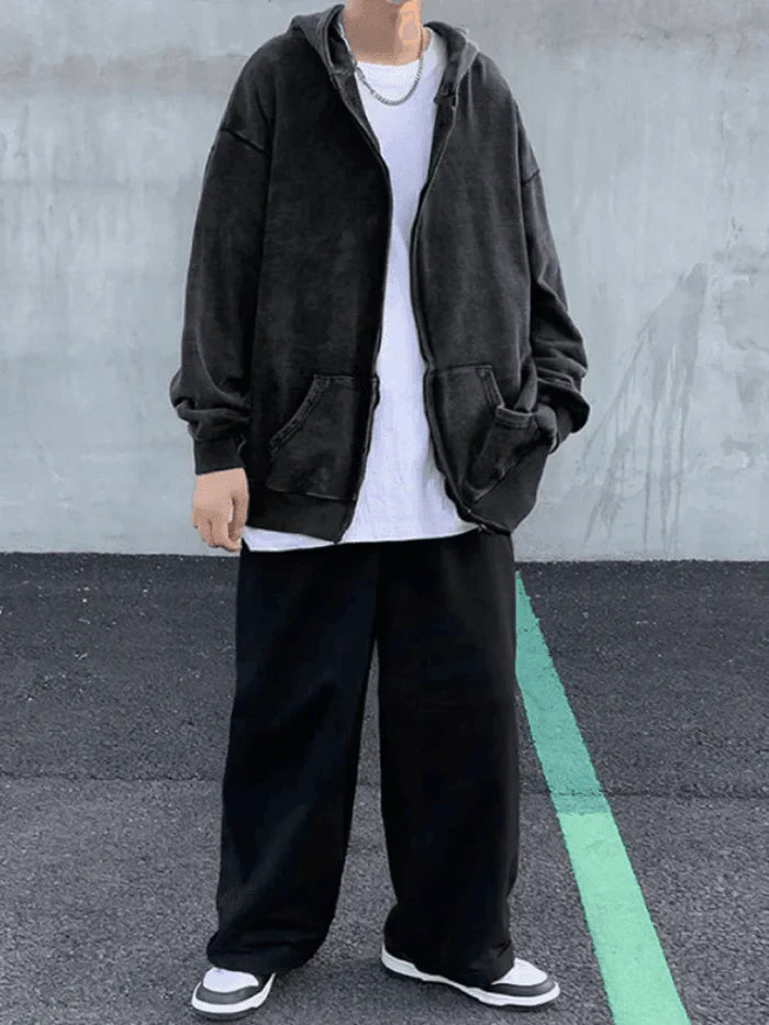 Dark Vintage Oversized Wash Zip Up Hoodie Men