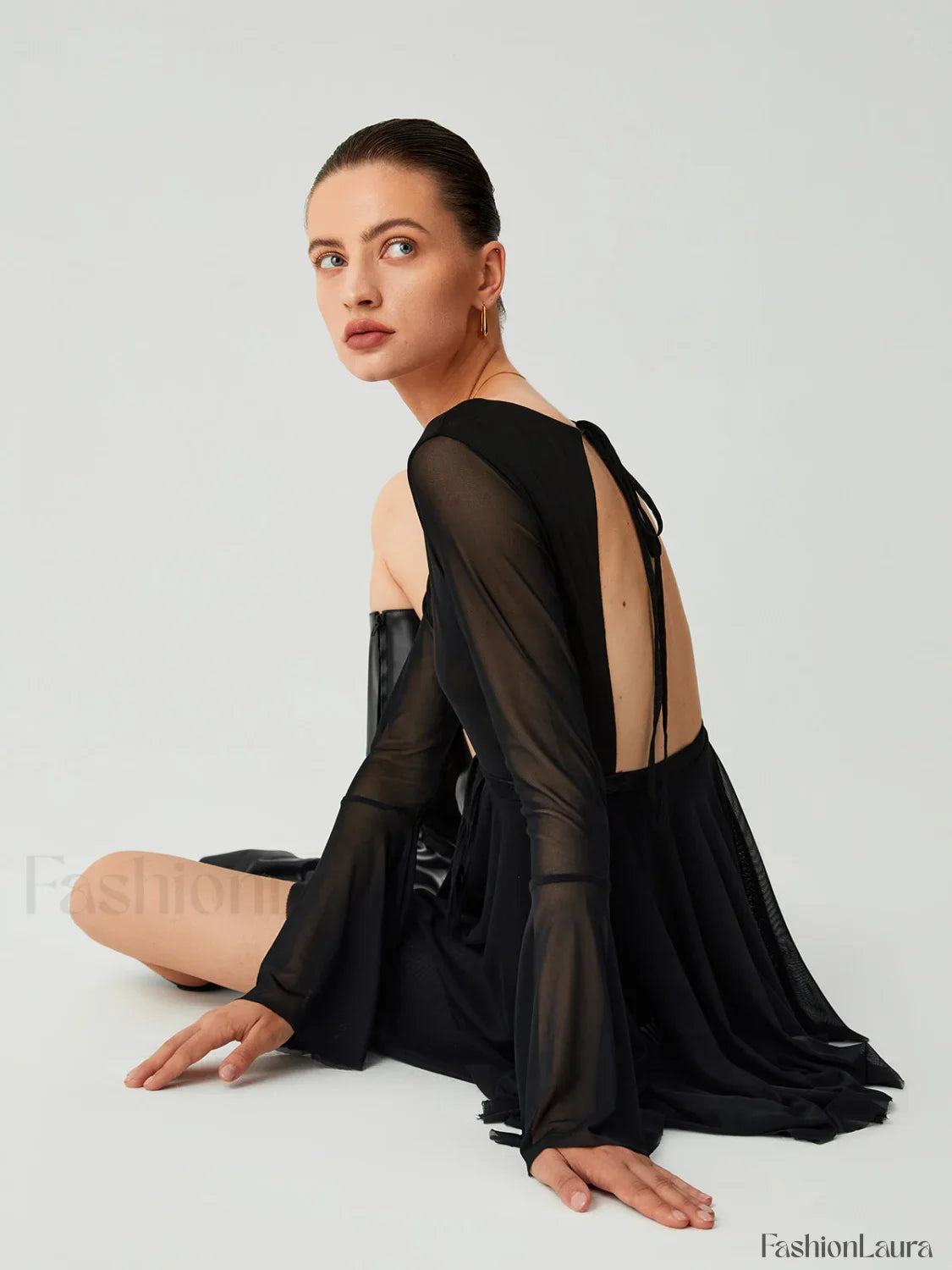 Mesh Flare Sleeve Trendy Open Back Short Dress