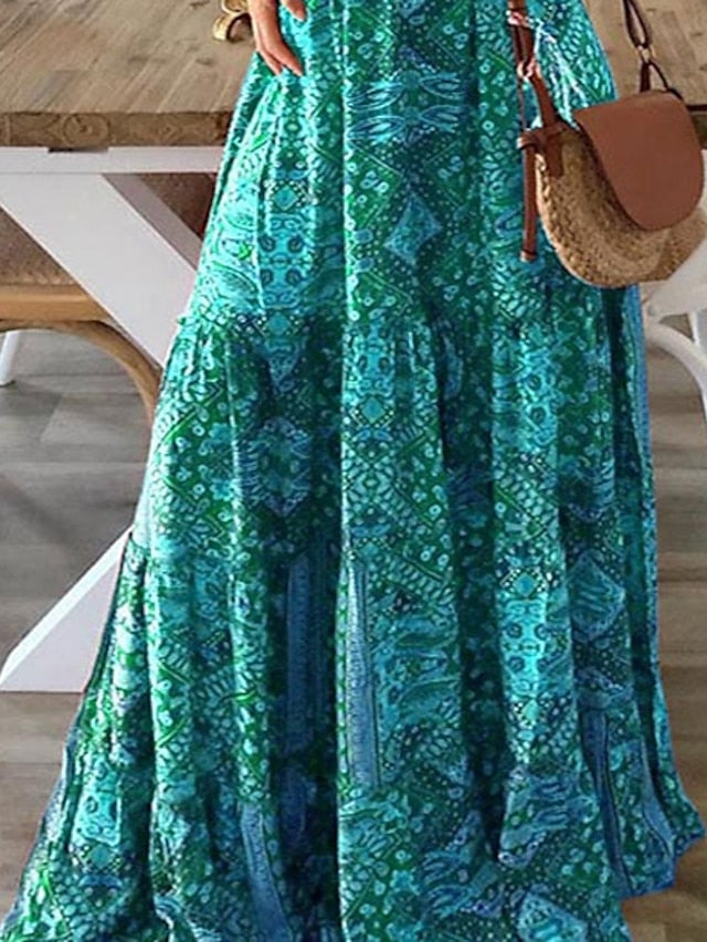 A Line Dress Maxi long Dress Red 3/4 Length Sleeve Print Summer Spring Fall V Neck Casual 3XL for Women