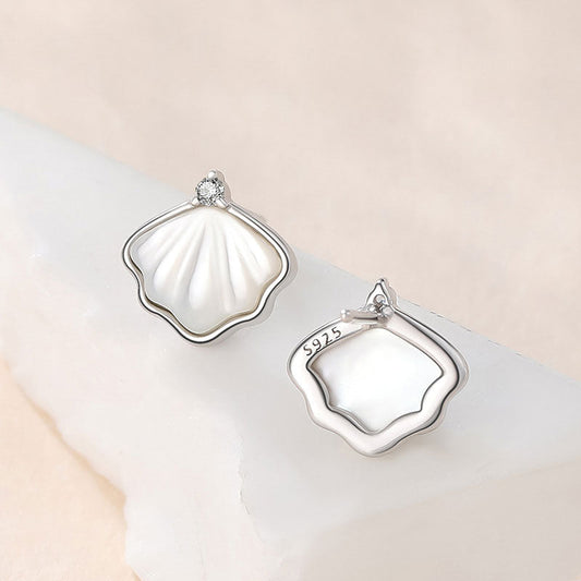 Rhodium Plated Ginkgo Leaf Earrings with Mother of Pearl and Cubic Zirconia