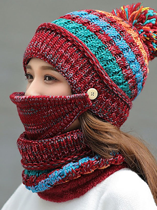 women girls knitted hat scarf mask set winter fleece lined beanie knit ear flaps hat with pompom (pink) for Women