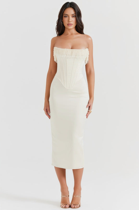 Nikki Cream Embellished Strapless Midi Dress