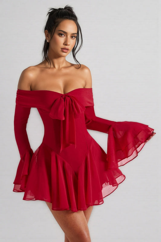 Hannd Red One-Shoulder Bell Sleeve Mini Dress
