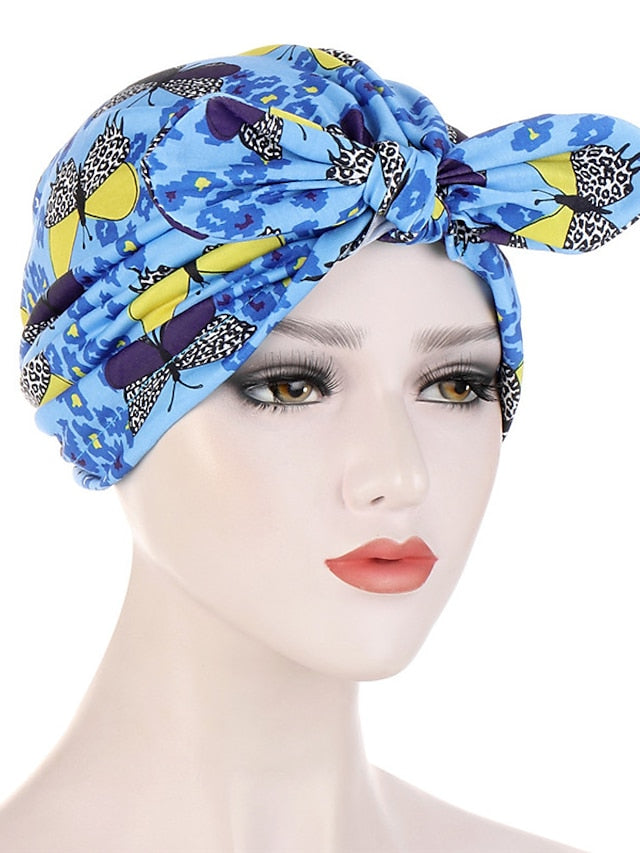 6 Colors New Fashion Bandanas Women Print Knotted Twist Turban Hat Twist Hijab Bonnet Cap India Hat Rabbit Ear Headband Muslim Hijab for Women