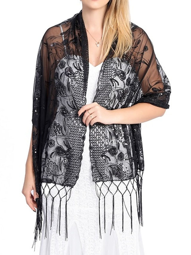 Shawls & Wraps Party Wedding Indoor Light Blue Black White Scarf Embroidered Flower for Women