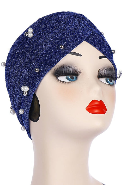 Fashion Women Turban Gold Shiny Hat for Lady Pearl Beading Bright Hat Indian Style Muslim Thin Head Wraps for Women