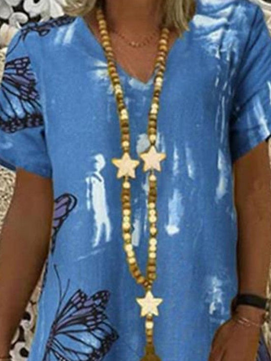 A Line Dress Knee Length Dress Blue Short Sleeve Butterfly Ruched Summer Spring V Neck Elegant S M L XL XXL 3XL for Women