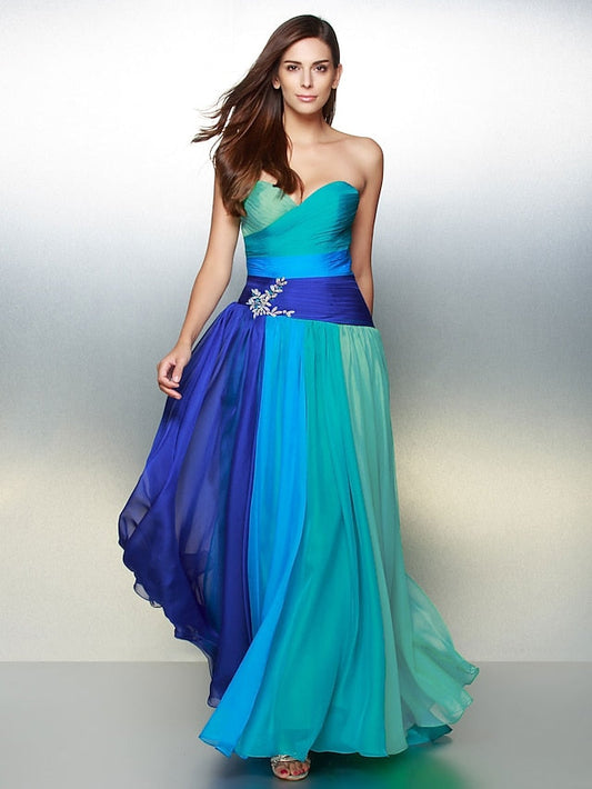 A-Line Color Block Dress Wedding Guest Floor Length Sleeveless Sweetheart Chiffon Backless with Ruched Crystals 2023