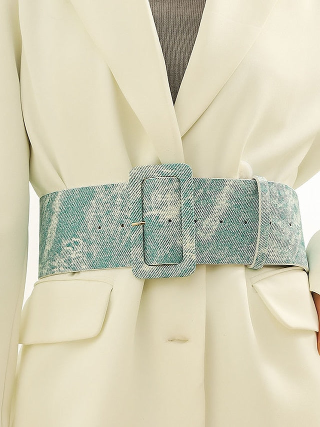 Belt PU Light Green Wide Belt Date Weekend Pure Color for Women