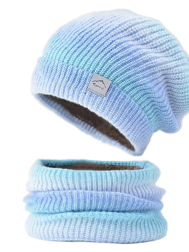 2pcs/set Winter Women Beanies Snood Sets Gradient Color Knitted Hat Warmer Fashion Outdoor Windproof Thicken Tie Dye Scarf Hat For Women for Women
