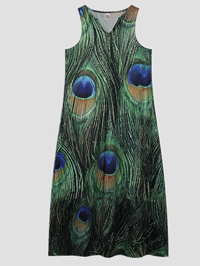 A Line Dress Maxi long Dress Black Sleeveless Floral Leopard Print Summer V Neck Stylish 5XL for Women