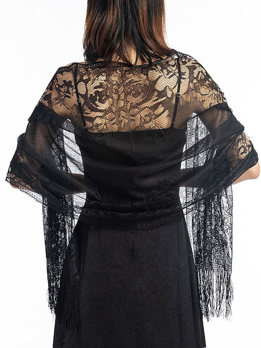 1pcs Women Solid Party Evening Lace Shawl Scarf Elegant Lace Sheer Hollow Tassel Scarves Femme Mesh Yarn Wedding Shawl for Women