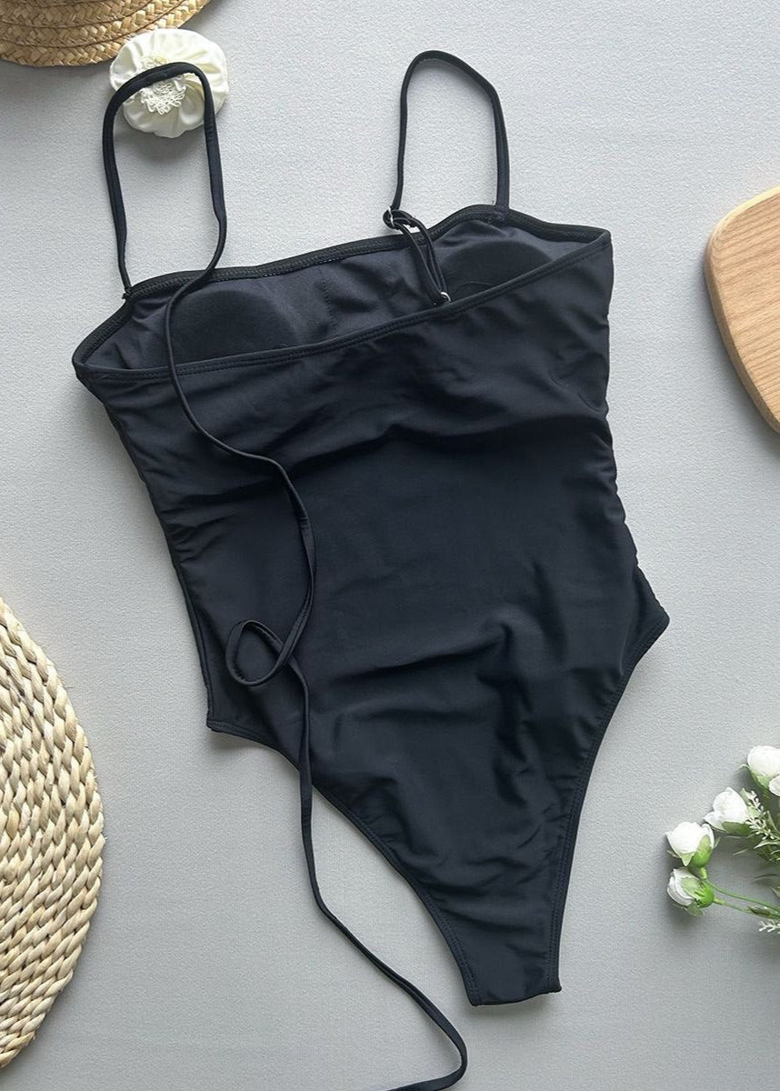 Noir Bloom One-Piece Swimsuit with 3D Floral Accents