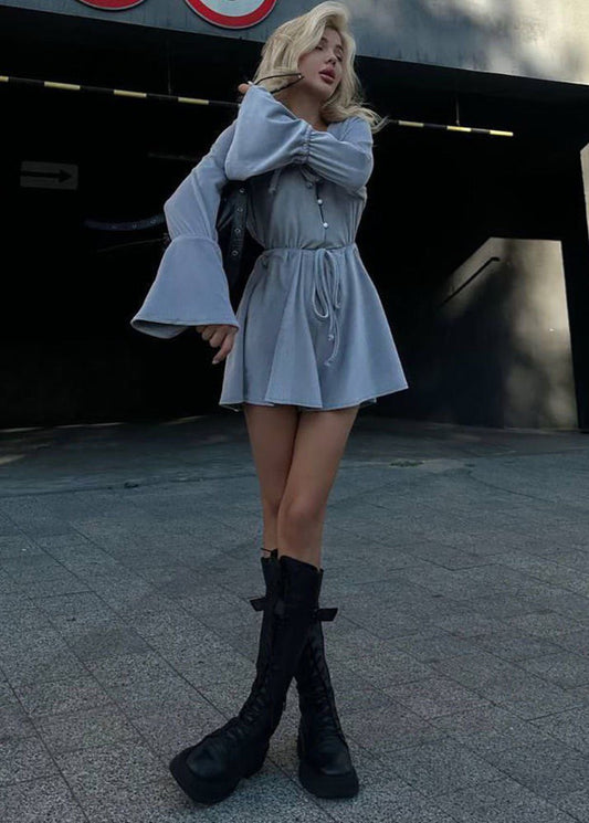 Ashbell Tie Waist Romper – Gray Flared Sleeve Mini Jumpsuit