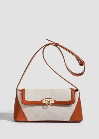 LinenEdge Flap Shoulder Bag – Two-Tone Canvas & Faux Leather Purse
