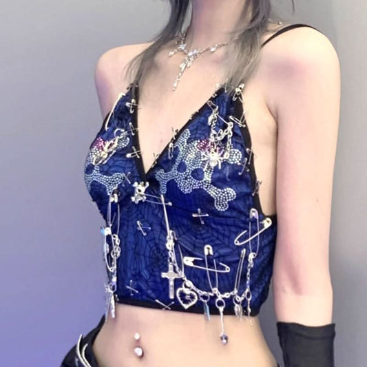 Beaded print metal applique v neck cami top | Festival Outfits Women