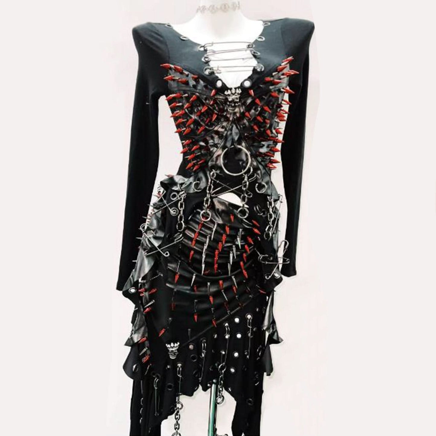 Long sleeve rivet metal chain PU leather top | Festival Outfits Women