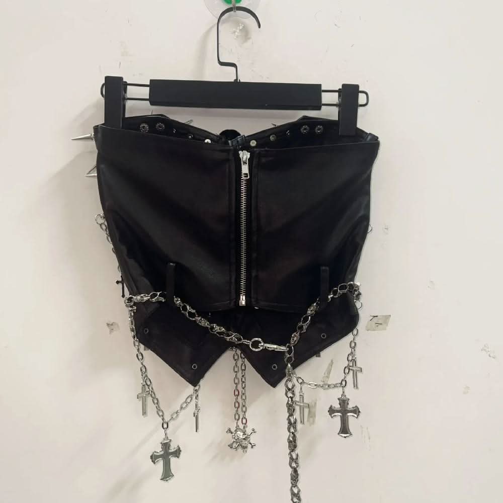 Zip-up rivet metal chain skull zip-up tube top | Festival Outfits Women