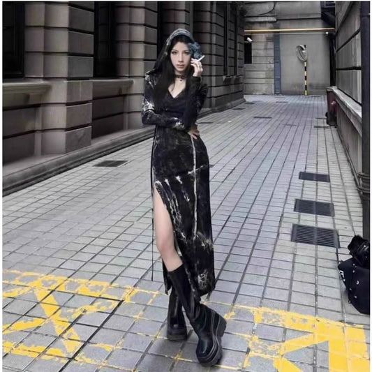 Long sleeve slit tie dye v neck maxi dress | Festival Outfits Women