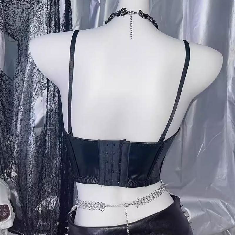 PU leather heart applique v neck backless cami top | Festival Outfits Women