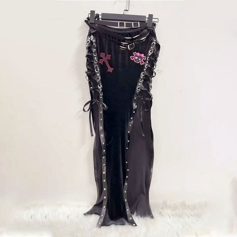 Lace up cross pattern contrast maxi skirt | Festival Outfits Women