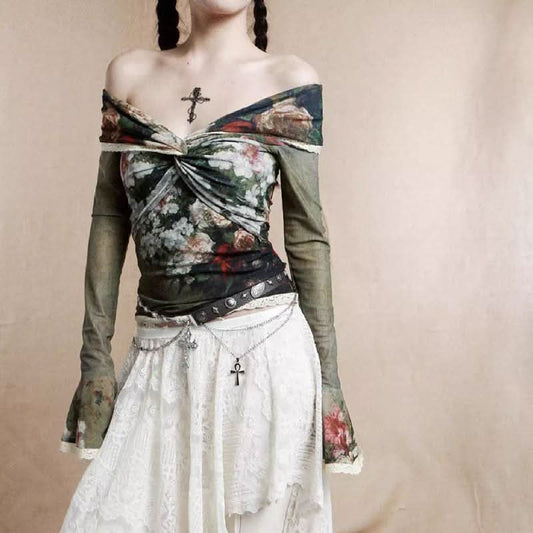 Long flared sleeve off shoulder lace hem flower print top | Festival Outfits Women
