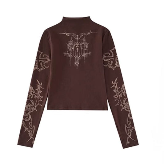 Long sleeve high neck cross print contrast top | Festival Outfits Women