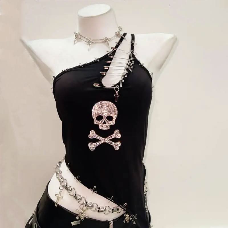 One shoulder beaded skull PU leather belt top | Festival Outfits Women