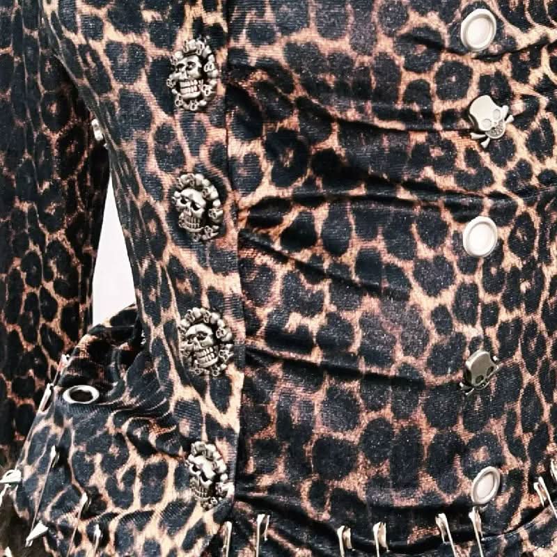 Leopard print long sleeve fluffy skull applique mini skirt set | Festival Outfits Women | Leopard Print Mini Dress