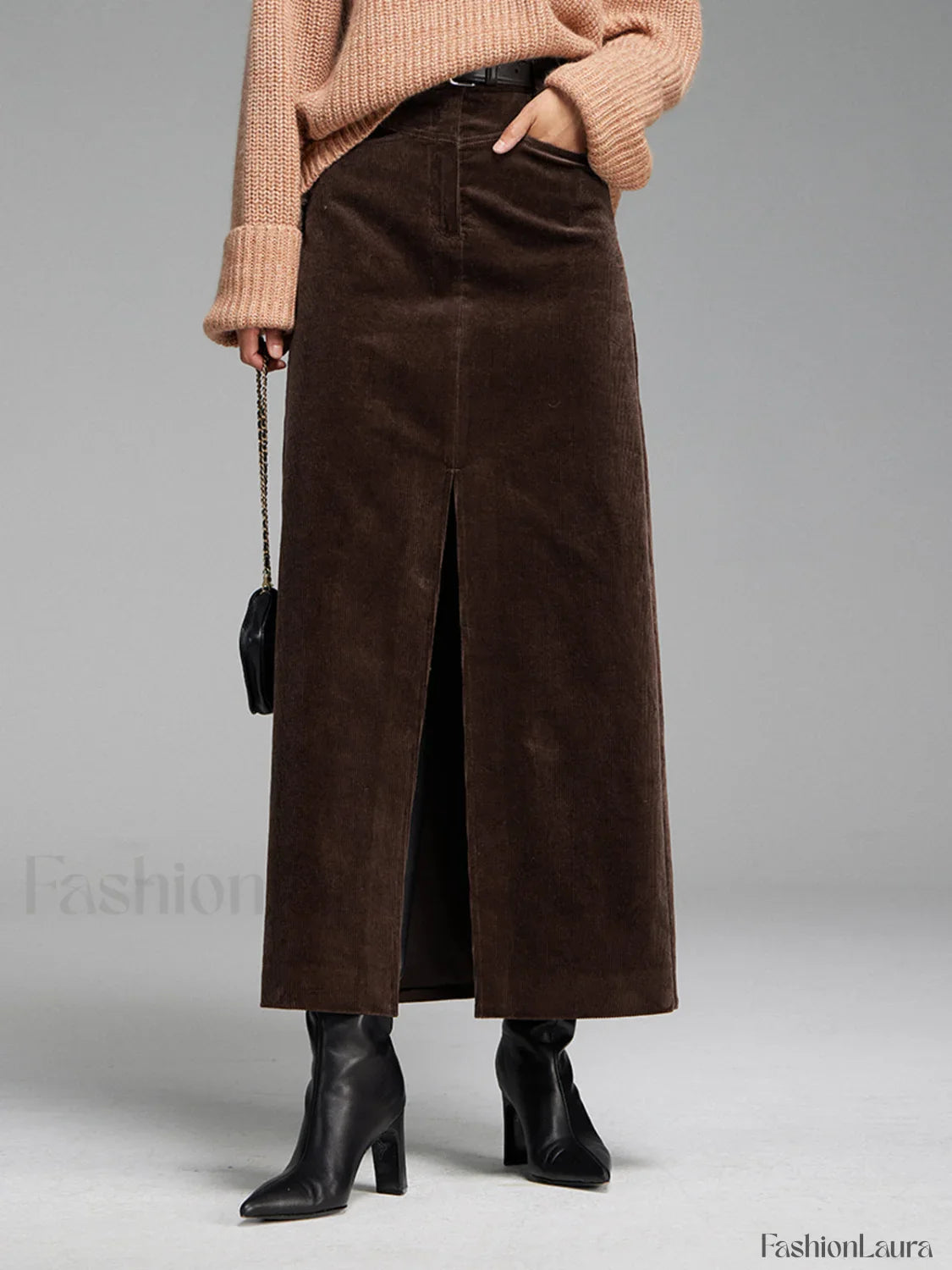 Pockets Corduroy Slit Maxi Skirt