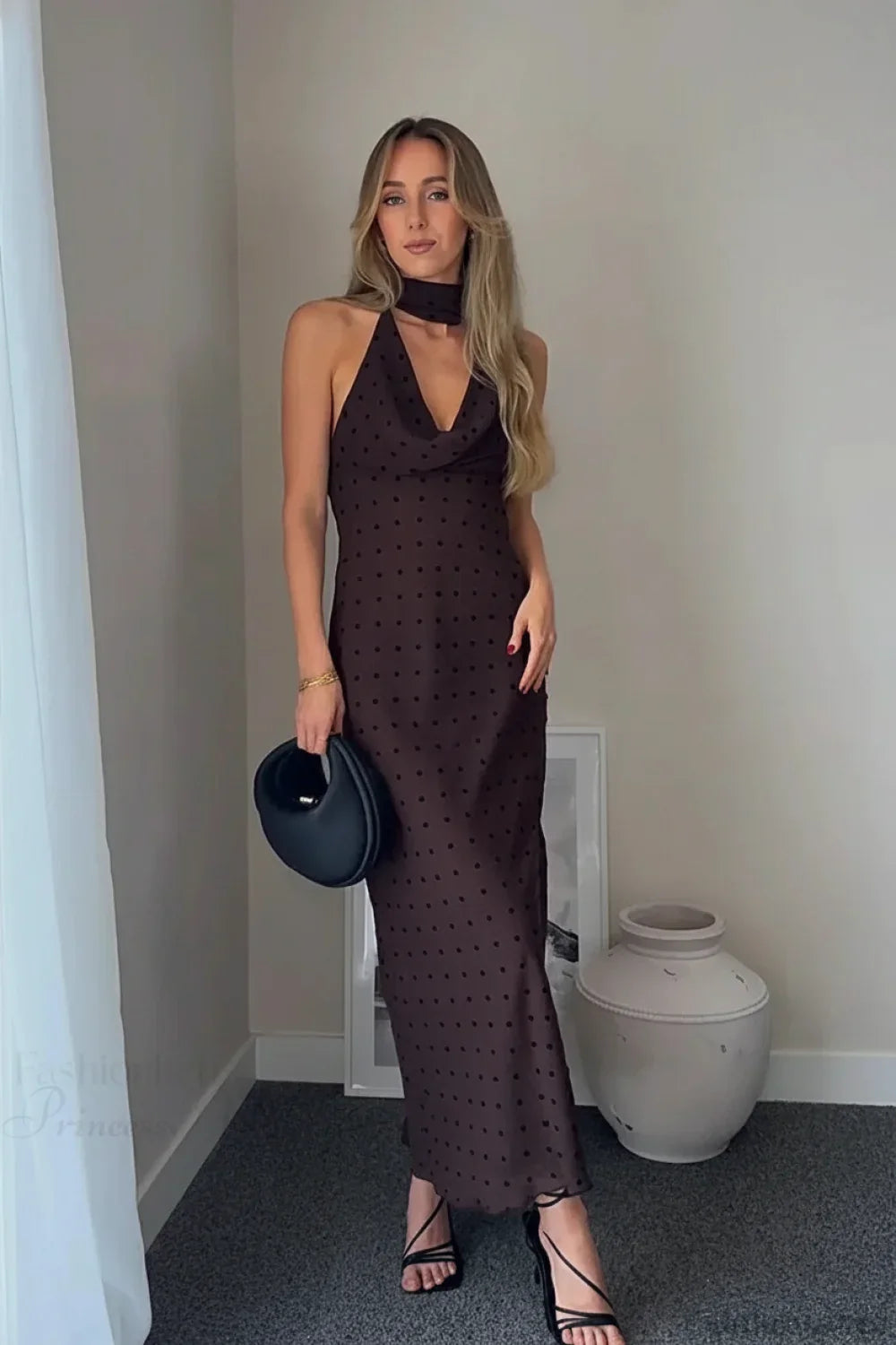 Polka Dot Scarf Neck Halter Maxi Dress