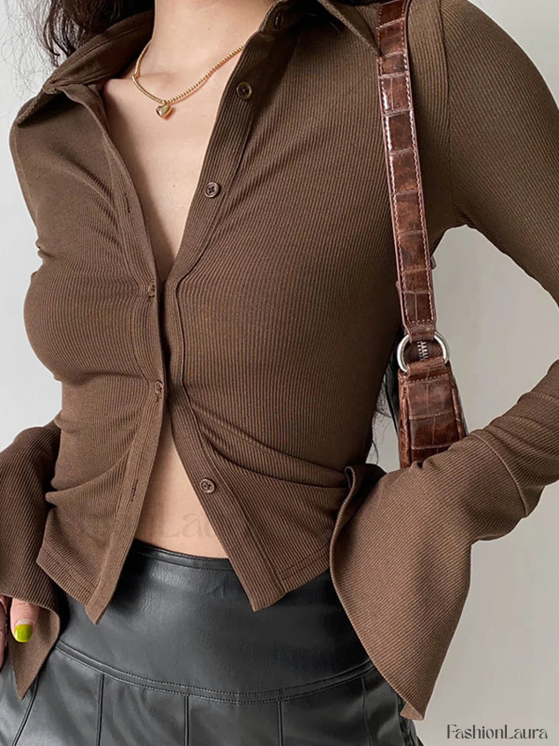 Polo Neck Long Sleeve Rib Blouse
